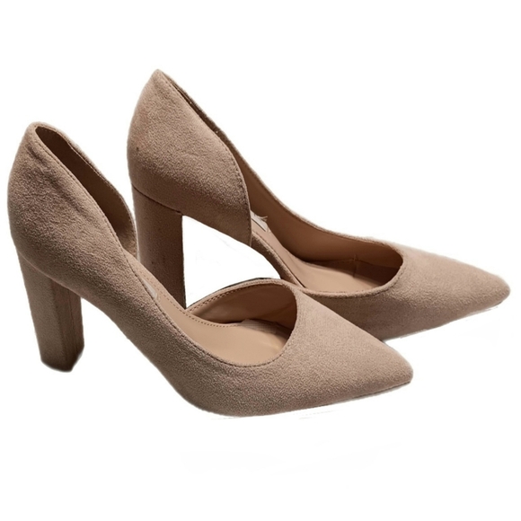 UNILADY Nude Suede-like 4" Block Heel Women 7 Pump with D'Orsay Cut Pointed Toe - Picture 4 of 6